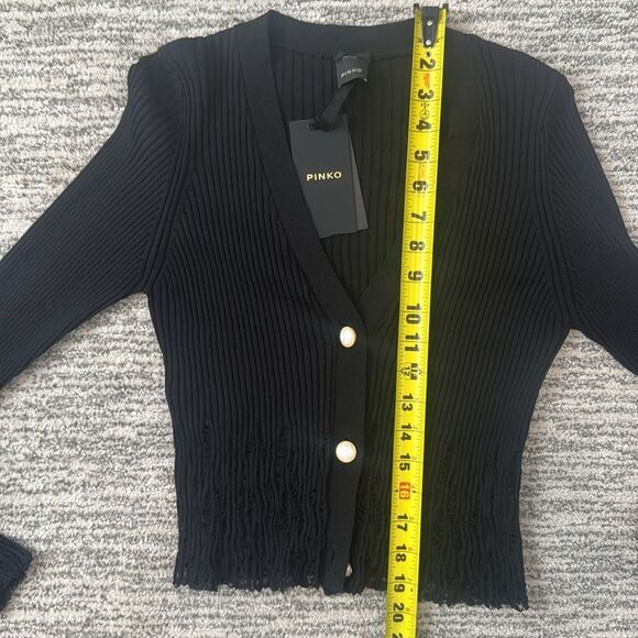 NWT Pinko Pallamano Cardigan Black with Pearl Button Distressed Cropped Large - Picture 7 of 13